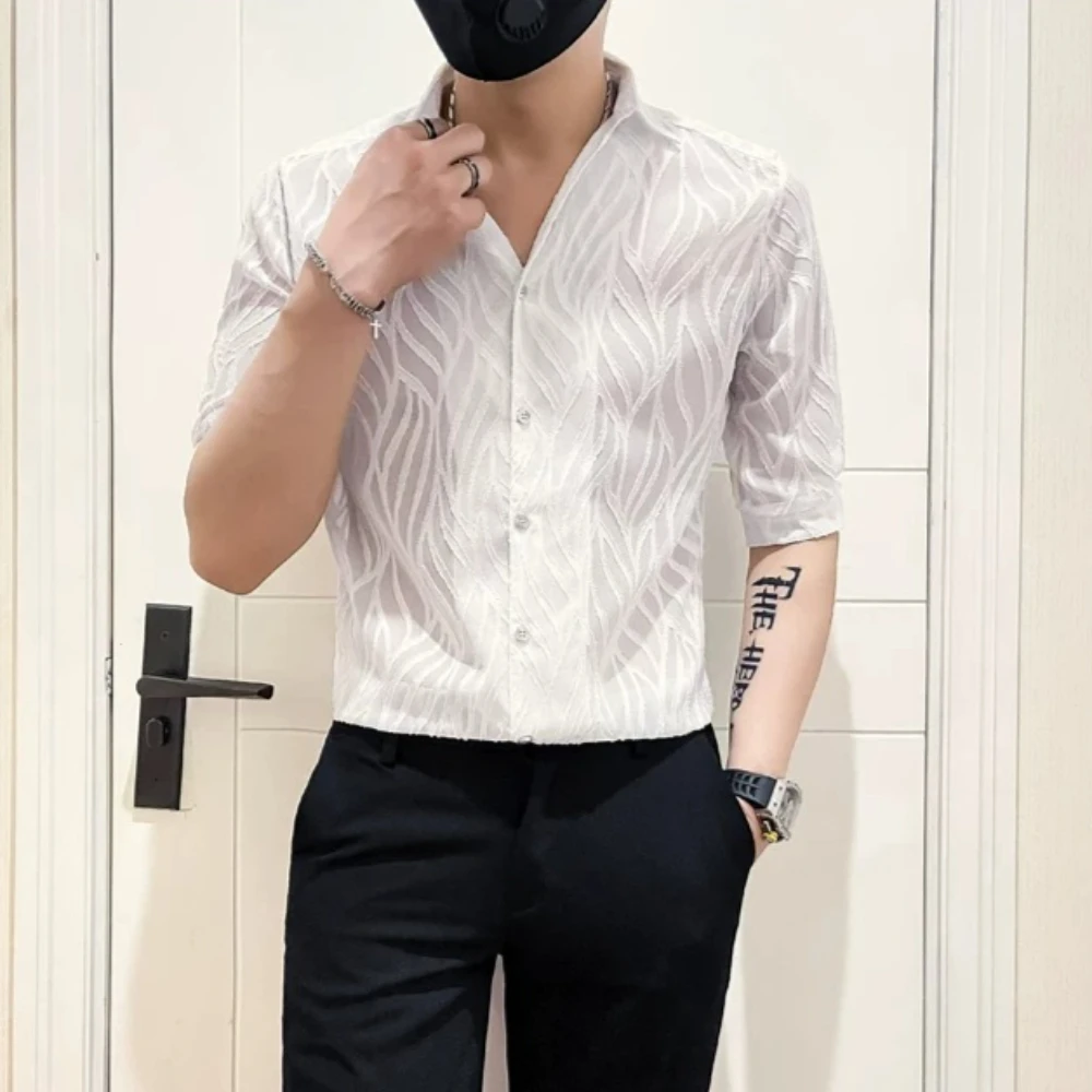 2026 Sexy Mesh Hollowed Out Half Sleeved Shirt for Men Slim Fit Casual Social Shirts Nightclub Stage Performance Men's Clothing