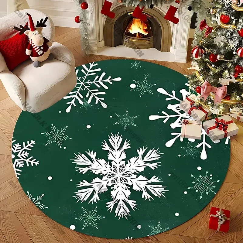 Christmas Snowflake Theme Printed Round Carpet, Christmas Tree, Reindeer, Forest, Gift Pattern, Winter Romantic Atmosphere