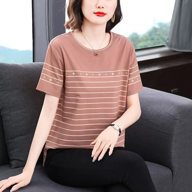 Women\'s Fashion Simple Striped Print Short Sleeve Basic T-shirts 2024 New Summer Casual O Neck Loose Pullover Tops Ropa De Mujer