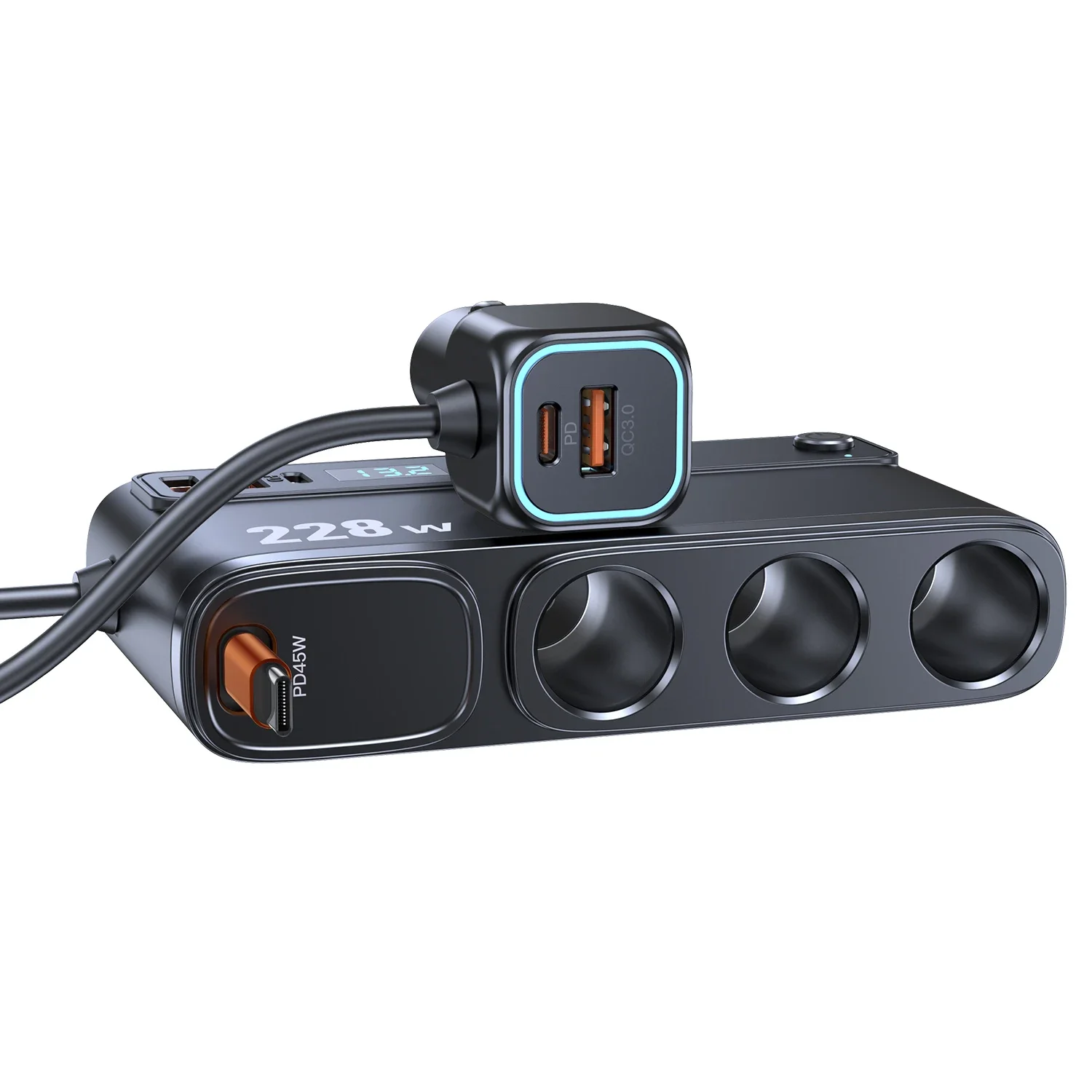 228W 9 in 1 Car Charger Adapter with Independent Switches 12V 24V PD45W Fast Charging Socket Cigarette Lighter Splitter