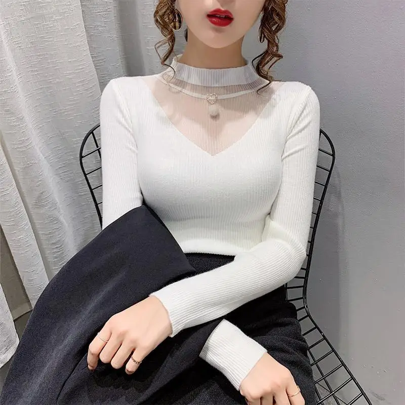 Women Autumn Winter Fleece Mock Neck Patchwork Net Yarn Knitwear Ladies Trend Slim Hollow Out All-match Knitting Bottoming Shirt