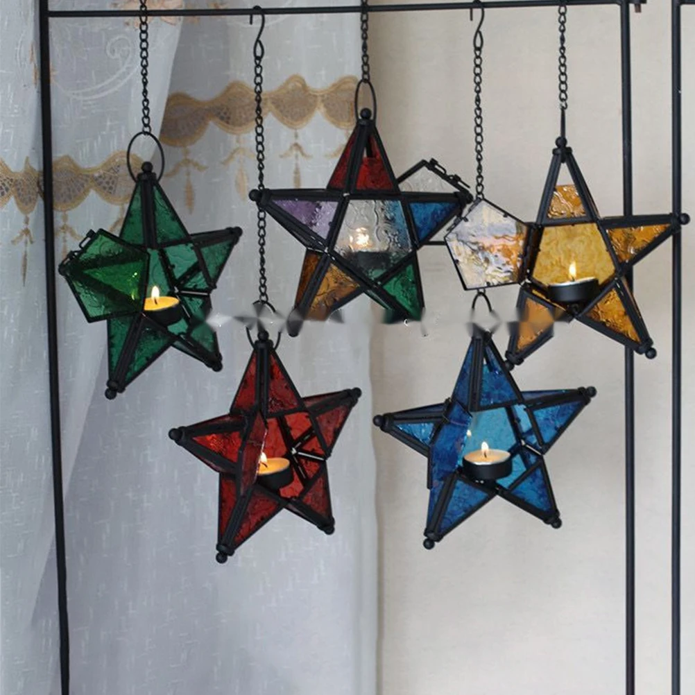 

Five-Pointed Star Shaped Colorful Glass Holder Hanging Iron Candlestick Holder Tea Light Lantern Decorative Wedding Party