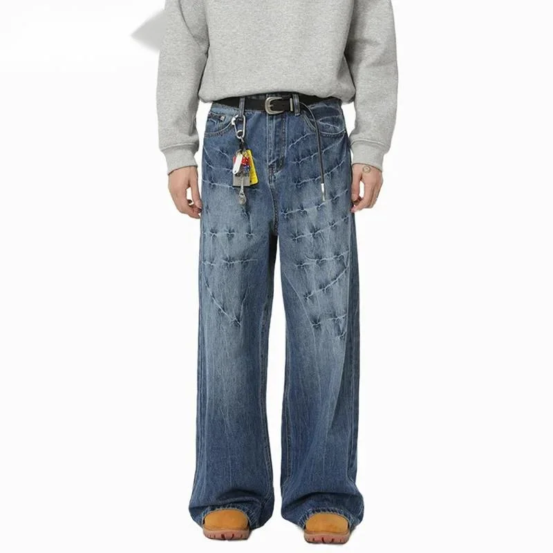 Niche Design Men's Jeans Washing Contrast Color Mill White All-match Trousers  Lightning Pattern Male Denim Pants 9BDCN