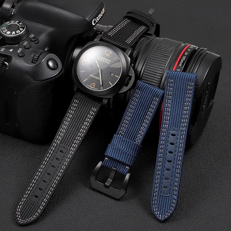 22mm 24mm 26mm Nylon Watch Strap Leather Bottom Watchband For Panerai PAM441 PAM111 PAM0098 Watches Band Thick Canvas Bracelet