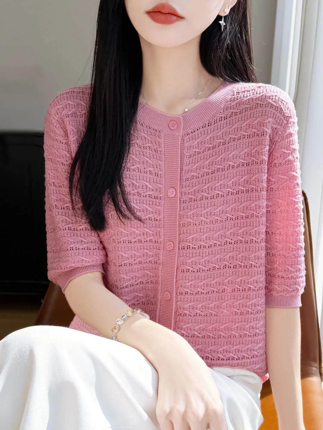 round Neck Lace Hollow out Knitted Short Sleeve Women's Top Summer New Style  Lazy Slimming Wheat Ear Shirt
