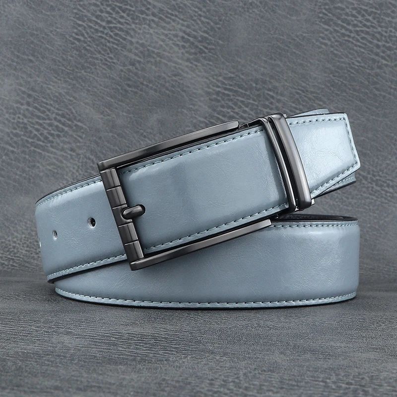 Fashion luxury belt men pin buckle designer genuine leather 3.3cm wide light gray youne boys jeans ceinture homme casual