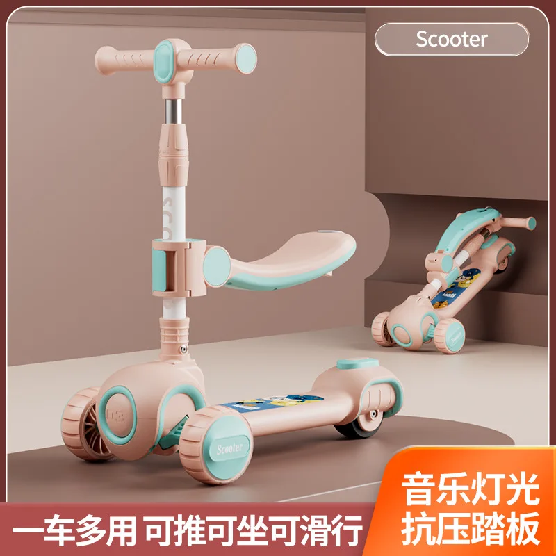 For 2-12 Years Children Cycling Kick Scooter With Seat And Pusher Flash Wheels Board Kid Music Pedal Scooters Adjustable Height