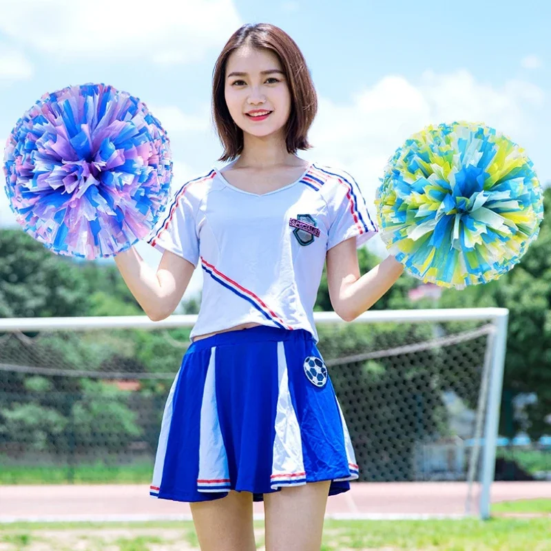 2Pcs Girls Cheerleading Pompoms Cheering Dance Party Decoration Plastic Handles Cheerleading Flower Ball Metallic Pom Poms