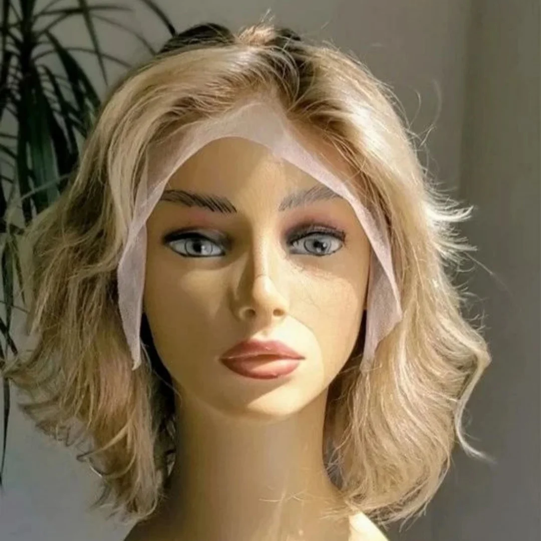 باروكة نسائية قصيرة أومبير تسليط الضوء على أشقر فاتح موجة المياه الاصطناعية الدانتيل الجبهة الباروكات مظهر واقعي شعري طبيعي تأثيري الباروكات #3