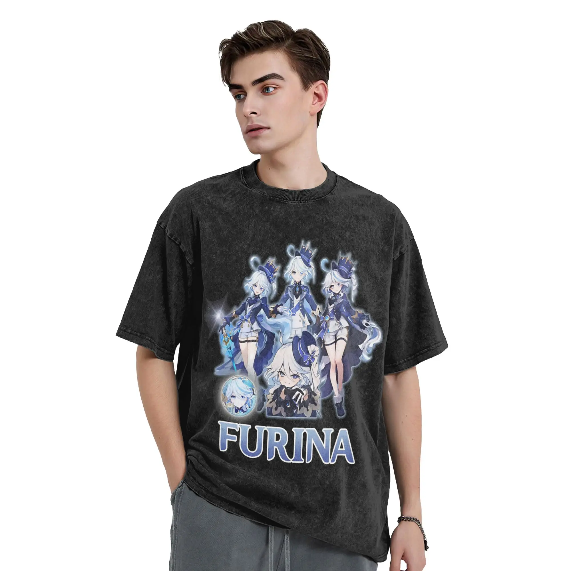 Furina Washed T Shirts Streetwear Hip Hop Vintage T-Shirt Genshin Impact Game Tees Tops Men Women Short Sleeve Oversize Graphic
