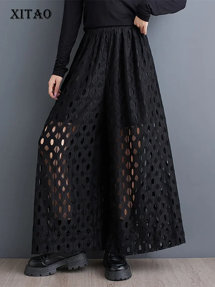 

XITAO Hollow Out Lace Wide Leg Loose Fitting Pant Solid Color Elastic Waist New Arrival Casual Thin Spring Female Pants GMM1137