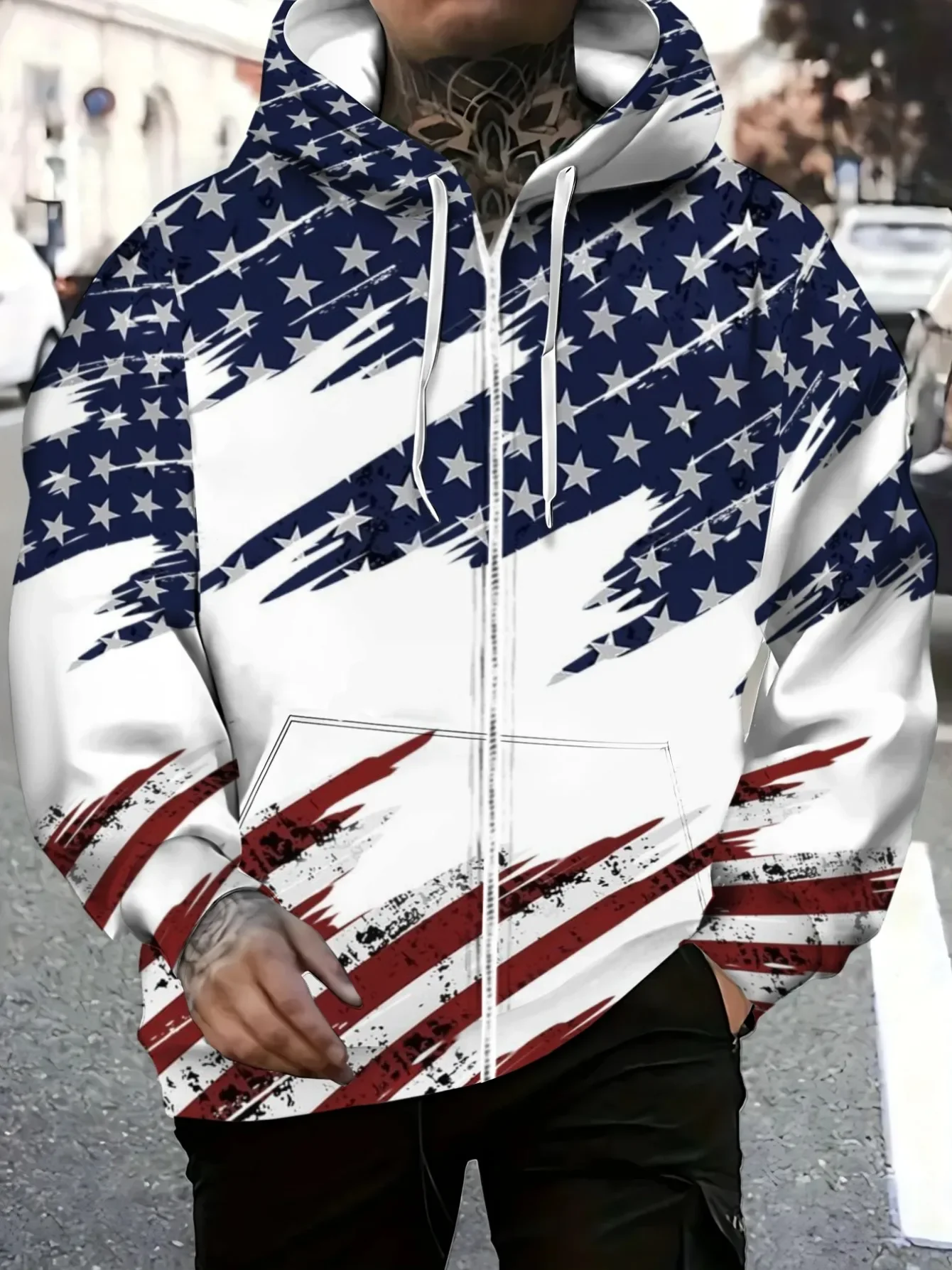 Men Zip Up Hoodie Watercolor Splash Ink USA Star Stripe Flag Full Print Long Sleeve Polyester Patriotic Street Hooded Jacket
