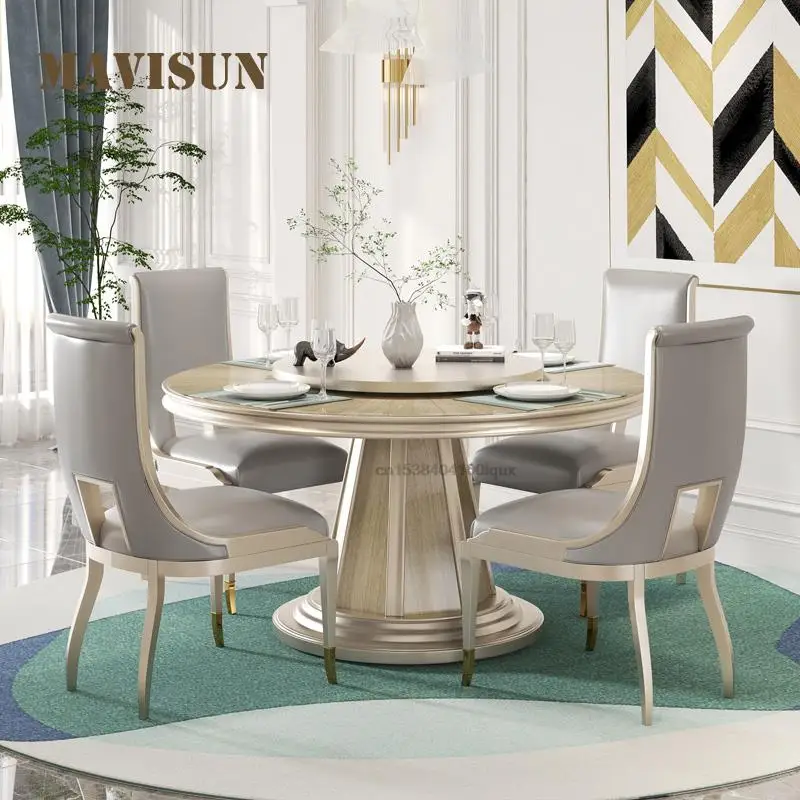 

Kitchen Round Table With Lacquered Turntable Stable Solid Wood Frame Dining Table And Chair Veneer Parquet Craft Dining Table