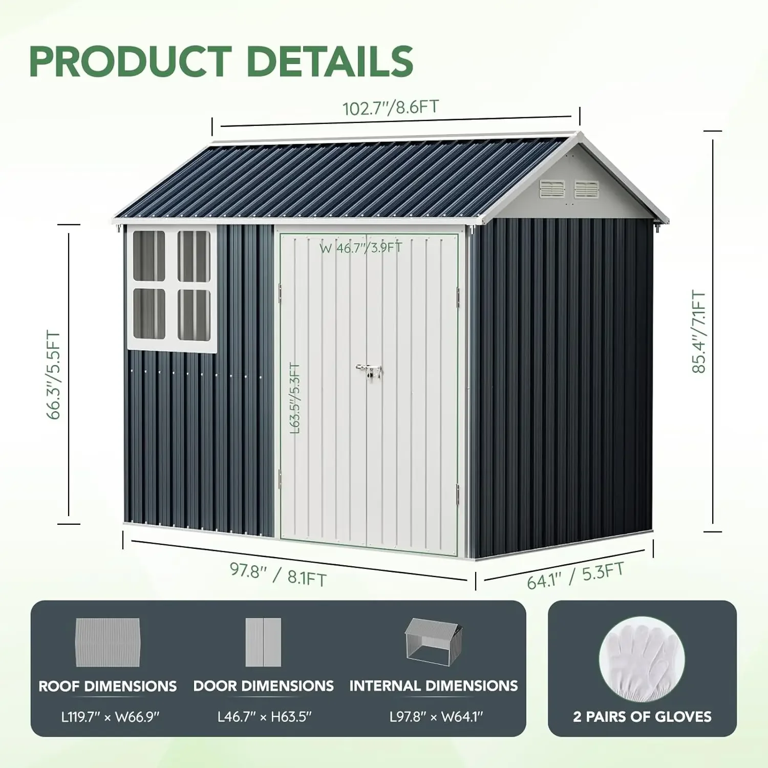 Cobertizo de almacenamiento de acero para exteriores de 8x6 pies, puertas bloqueables y una ventana, perfecto para la organización del patio trasero del jardín