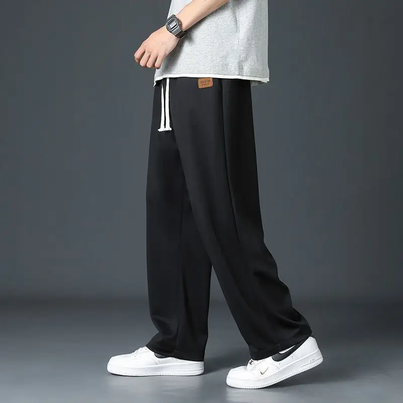 Pantalones de pierna ancha con parche de seda fina para hombre, pantalones clásicos de calle, informales, sueltos, rectos, con cintura de cilindro,