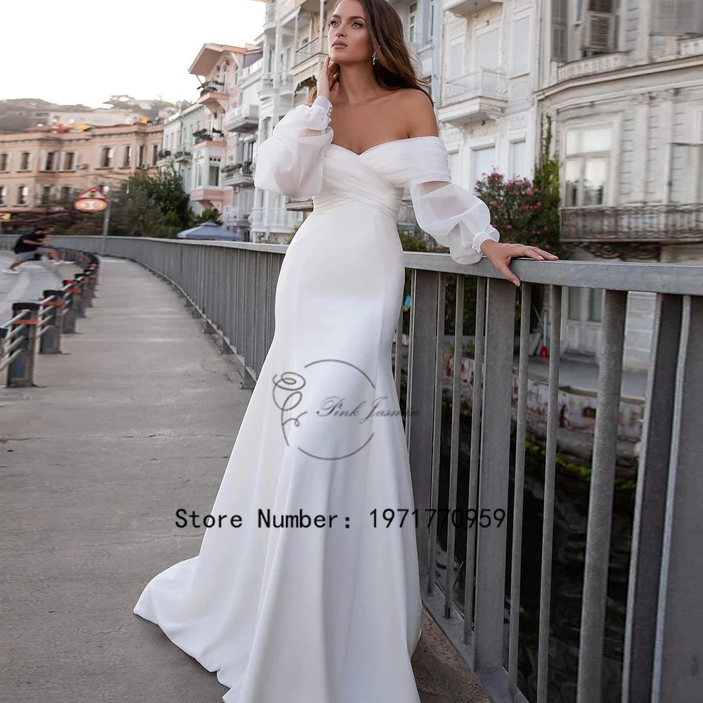 White Boat Neck Full Sleeves Mermaid Wedding Dresses For Women Court Train Bridal Gowns With Tulle Open Back With Zipper 2024