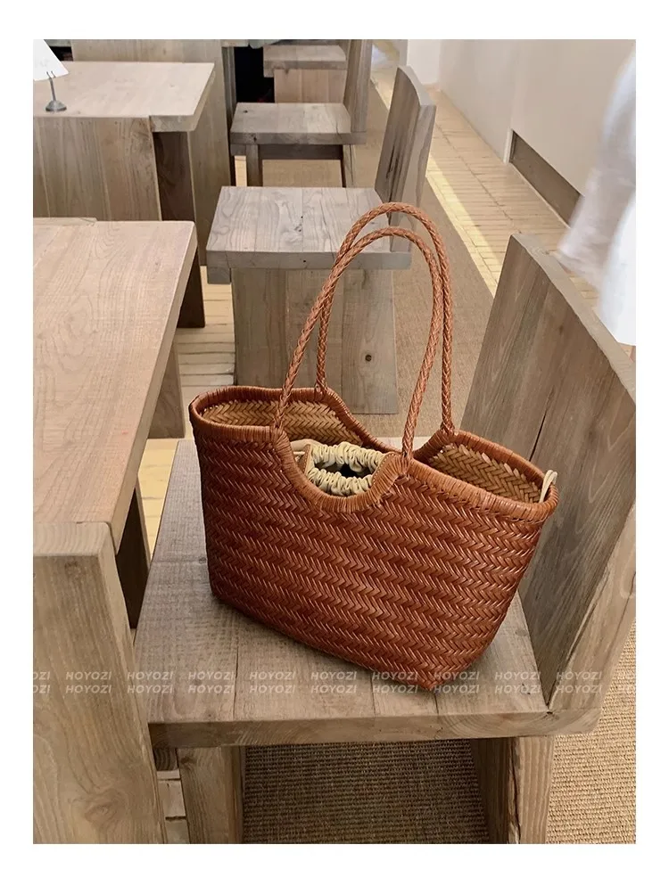 Handmade cowhide woven tote bag for women, shoulder bag, large capacity vegetable basket bag