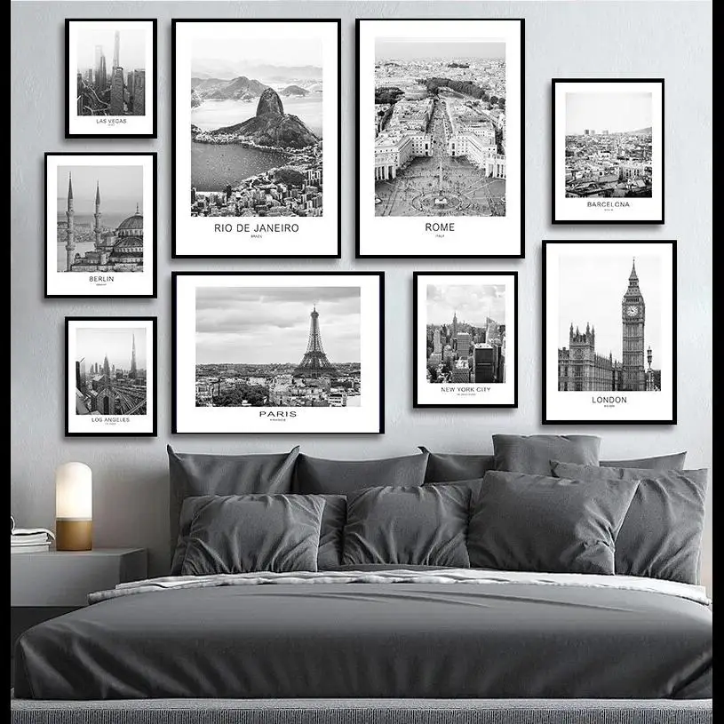 Black  White World Cities Canvas Art  Paris Barcelona Berlin Landscape Posters for Home Wall Decor