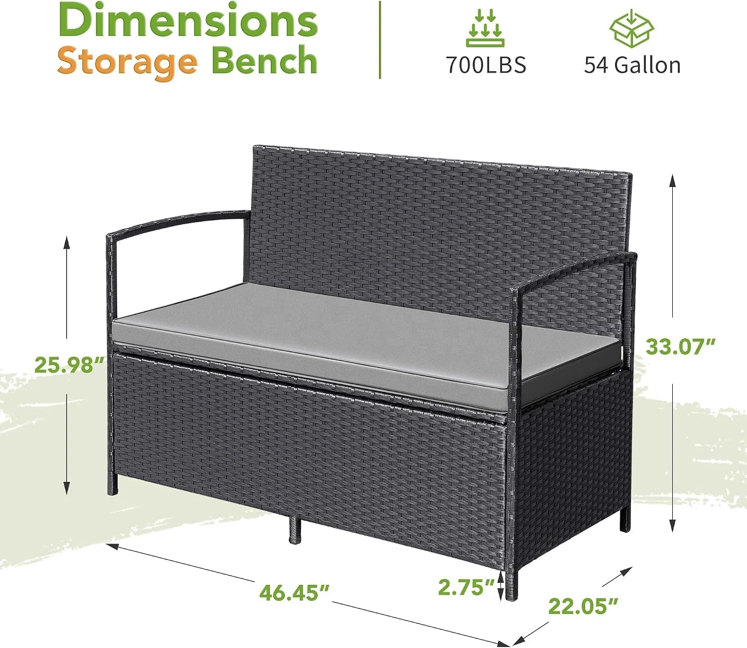 Modern Rattan Outdoor Garden Storage Bench With Waterproof Seat Cushion Durable & Eco-Friendly Powder Coated Steel Frame