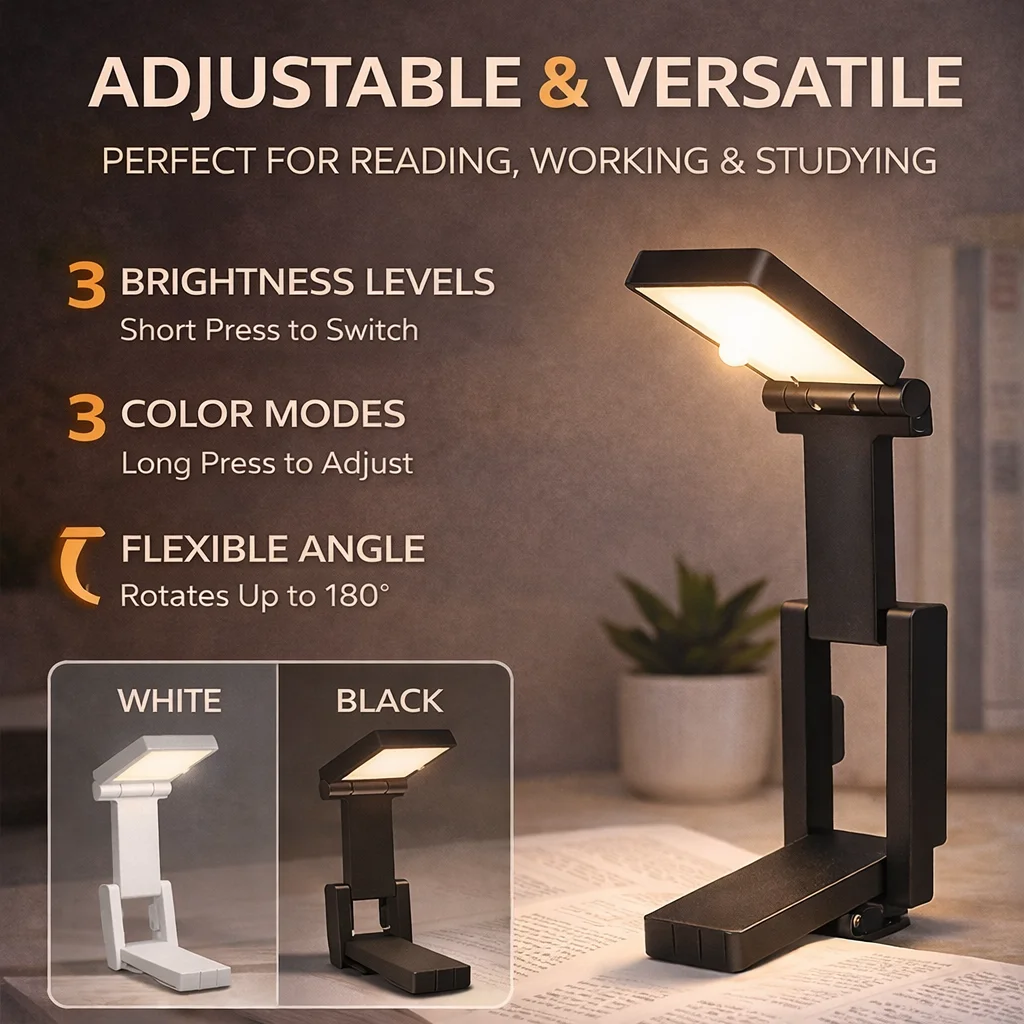 LED Clip Book Light USB Type-C Rechargeable Reading Lamp 3 Color Modes Adjustable Brightness Portable Desk Lamp