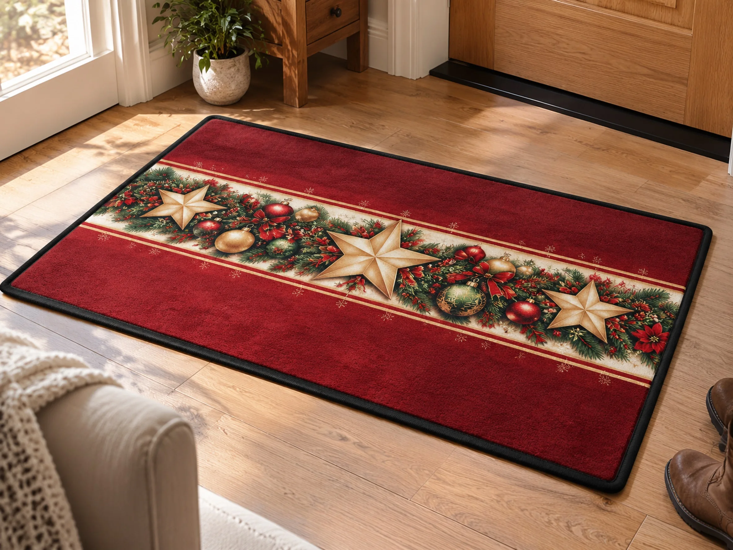 VIKAMA Christmas Burgundy Gold Star Flannel Door Mat, Soft Washable Xmas Door Mat, Xmas Decor for Bathroom, Hallway, Bedroom
