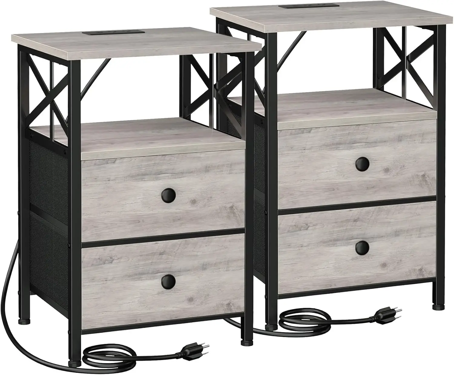 

Набор тумбочек с зарядной станцией, USB-портами, тканевыми ящиками для спальни, серый цвет