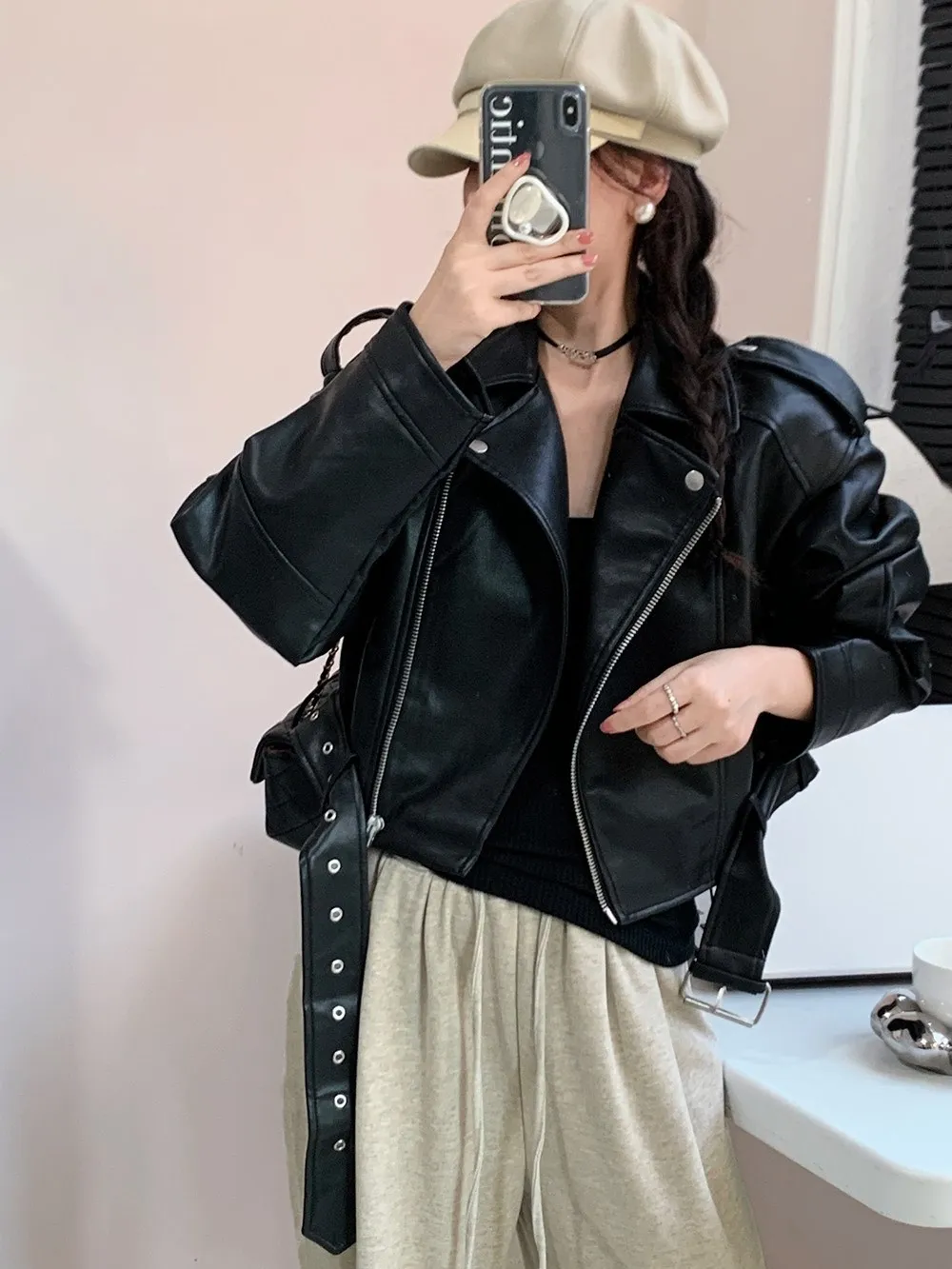 Cappotto da motociclista vintage da donna in pelle Jaet PU ort Waed Color sbiadito American Retro Sle Spring New Faion Loose Fit