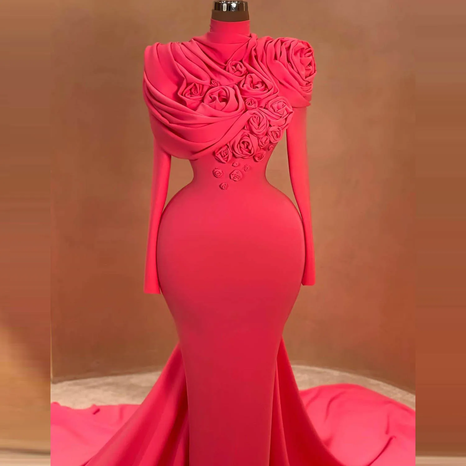 Hot Pink Mermaid Evening Dresses With Handmade Flowers High Neck Long Sleeves Prom Dress Long Train Women Birthday Party Gowns