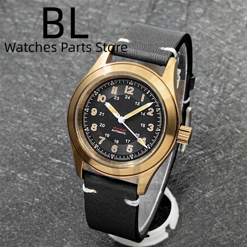 BLIGER 36mm39mm NH35 Automatic Retro Bronze Field Pilot Men\'s Watch Sapphire Glass Green Luminous Dial Leather Strap Screw Crown