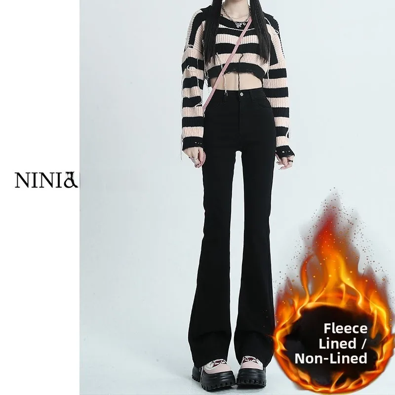 

High Waist Flared Jeans Women's Autumn Winter New Style Black Fleece Lined Bootcut Pants Cotton Stretch Denim Trousers