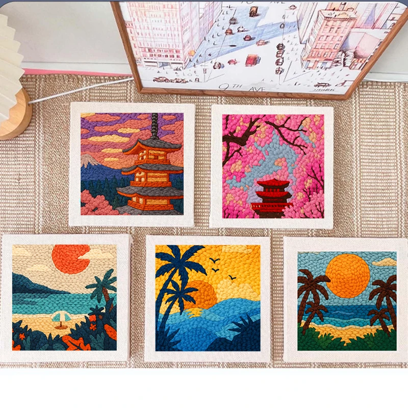 

25*25cm Punch Needle Embroidery Kits for Beginner Scenery EDIY Crafts with Yarns for Adults Embroidery Punch Needle Kit