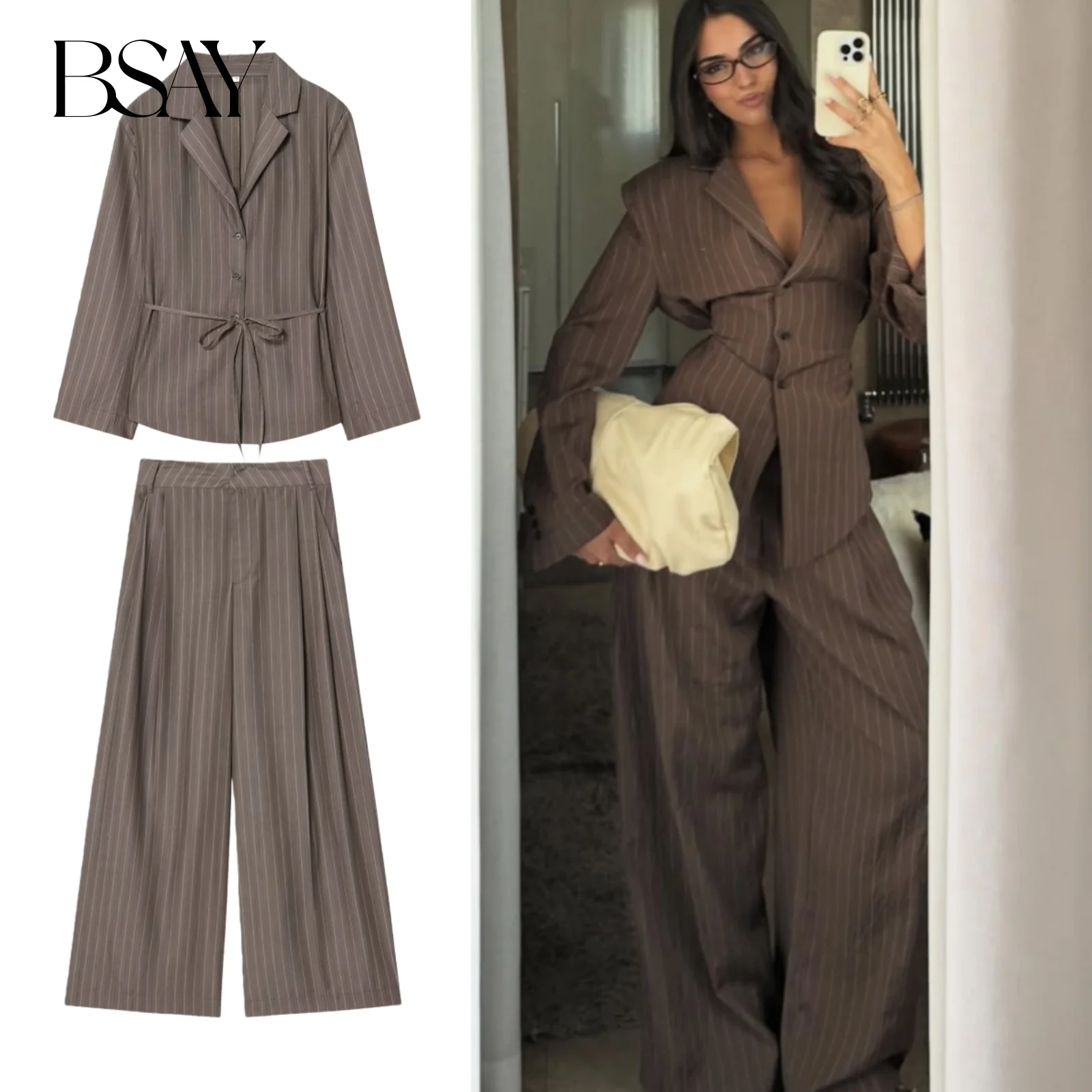BSAY Women V-neck Gray Lace Up Stripes Blazer Straight Wide Leg Pants Set Women 2025 New Tide Fashion Shoulder Pad Blazer Outfit