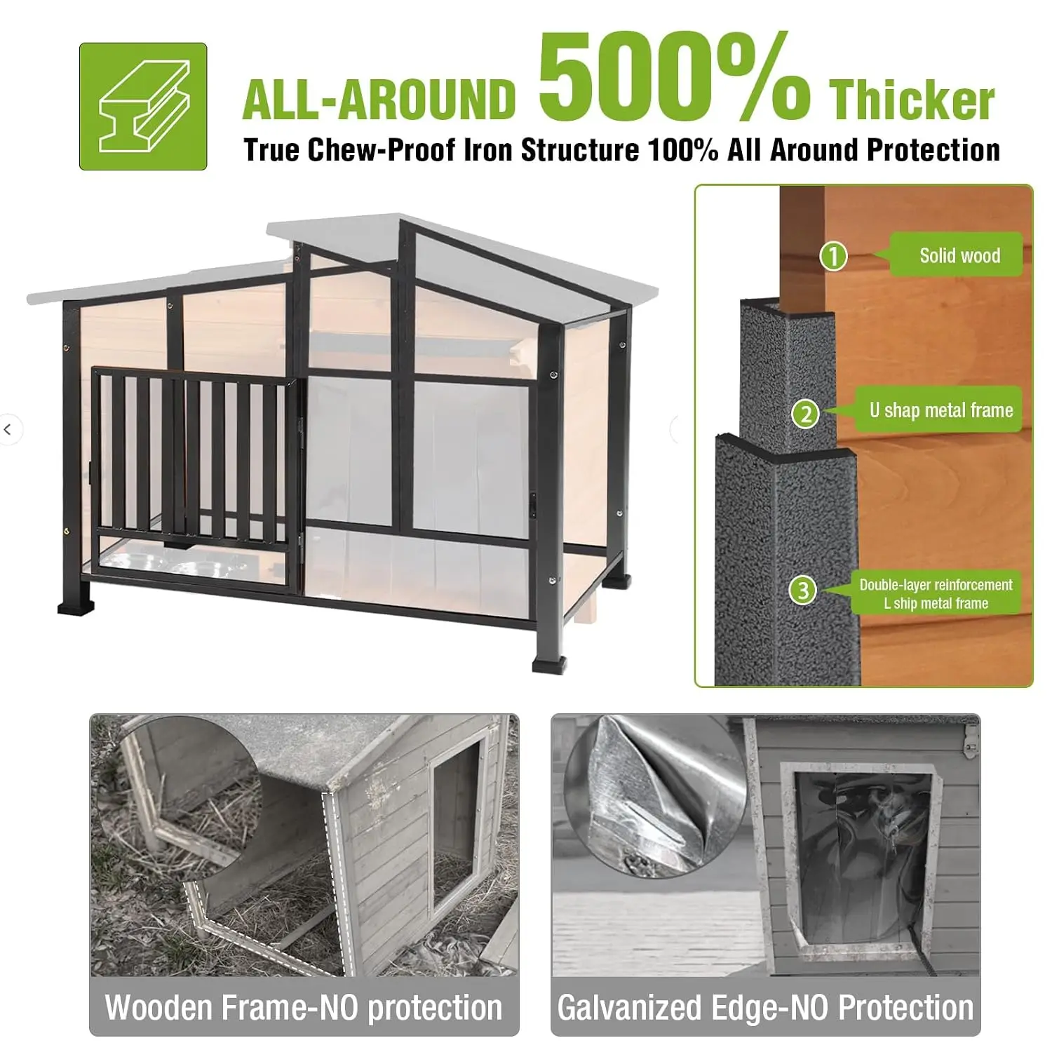 Dog House Outdoor Dog Kennel with Chew-Proof Metal Frame, Rotating Food Bowl, PVC Door Curtain, Weatherproof for, Customized