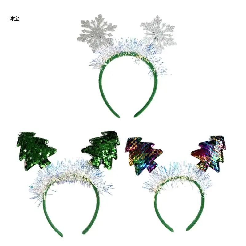 

X5QE Glitter Green Sequins Headwear Kids Christmas Hairband Christmas Tree Headpiece