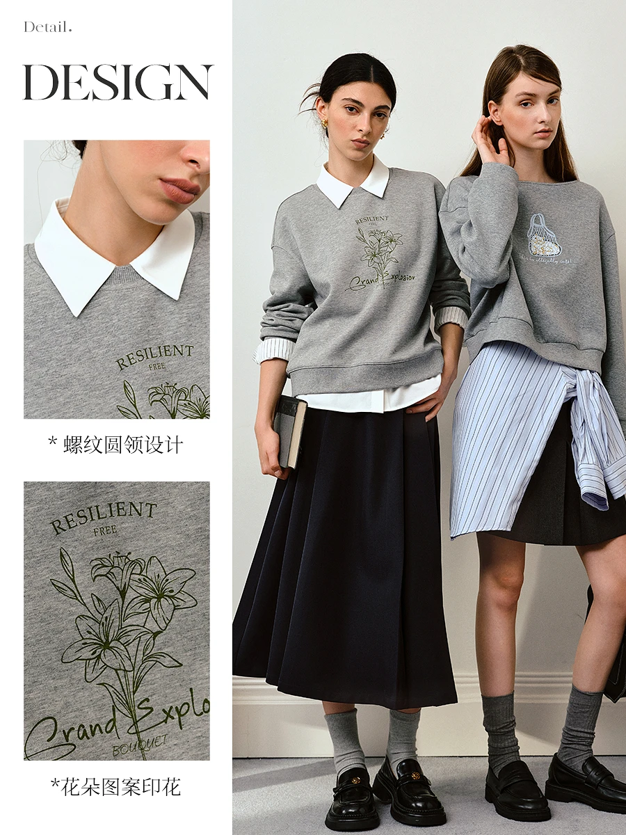 OLrain カジュアル O ネック スウェットシャツ レディース 2025 秋の新ファッショントレンド ニットウェア 花柄プリント ニット 女性トップス M57QR000181