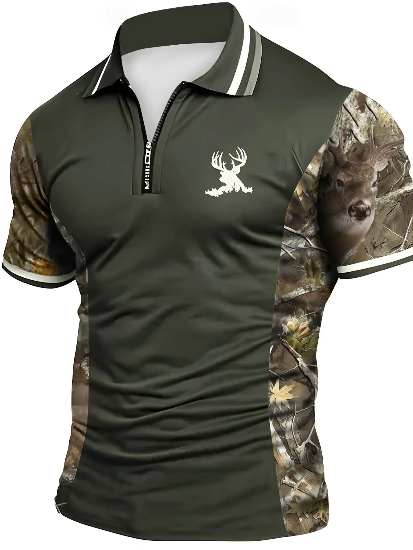 Outdoor Style Camouflage Stitching Polo Shirt Half Zipper Deer Head Print Top Men's Casual Hunting Style Short Sleeves
