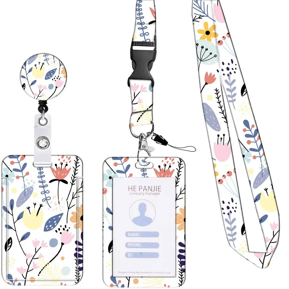 360 Degree Rotatable Working Cards Holder Necklace Strap 5 Colors Flower Print Badge Holder Vertical Flower