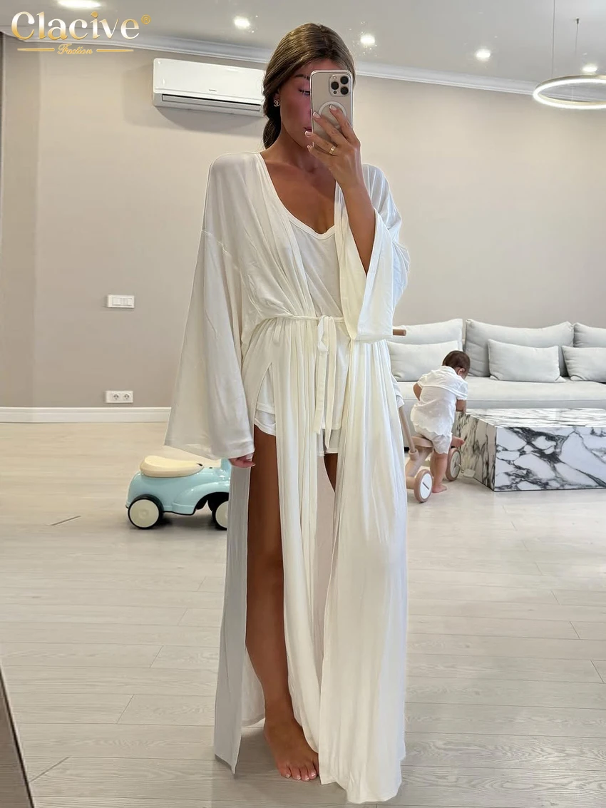 

Clacive Winter Loose White Home Woman 3 Piece Set Outfit 2025 Sexy Long Sleeve Robes + Top With High Waist Shorts Set Female