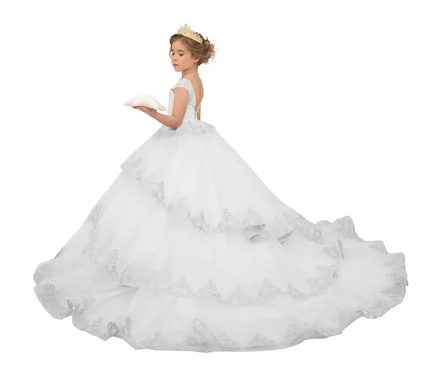 

Elegant Formal Flower Girl Dress Tulle lace Applique Princess Kids Pageant Ball Gown for First Communion Dresses with Train