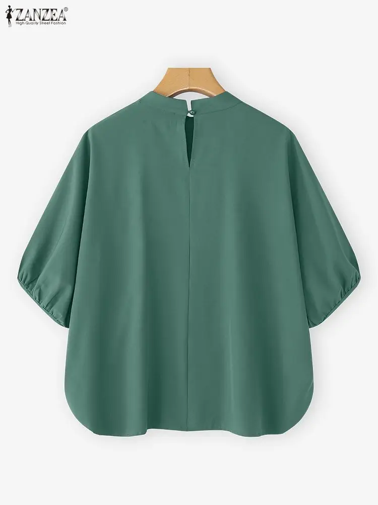 ZANZEA Camicetta elegante a pieghe da donna 2025 Top moda Casual Mezza manica a sbuffo Camicie larghe solide Colletto alla coreana Office Lady Blusas