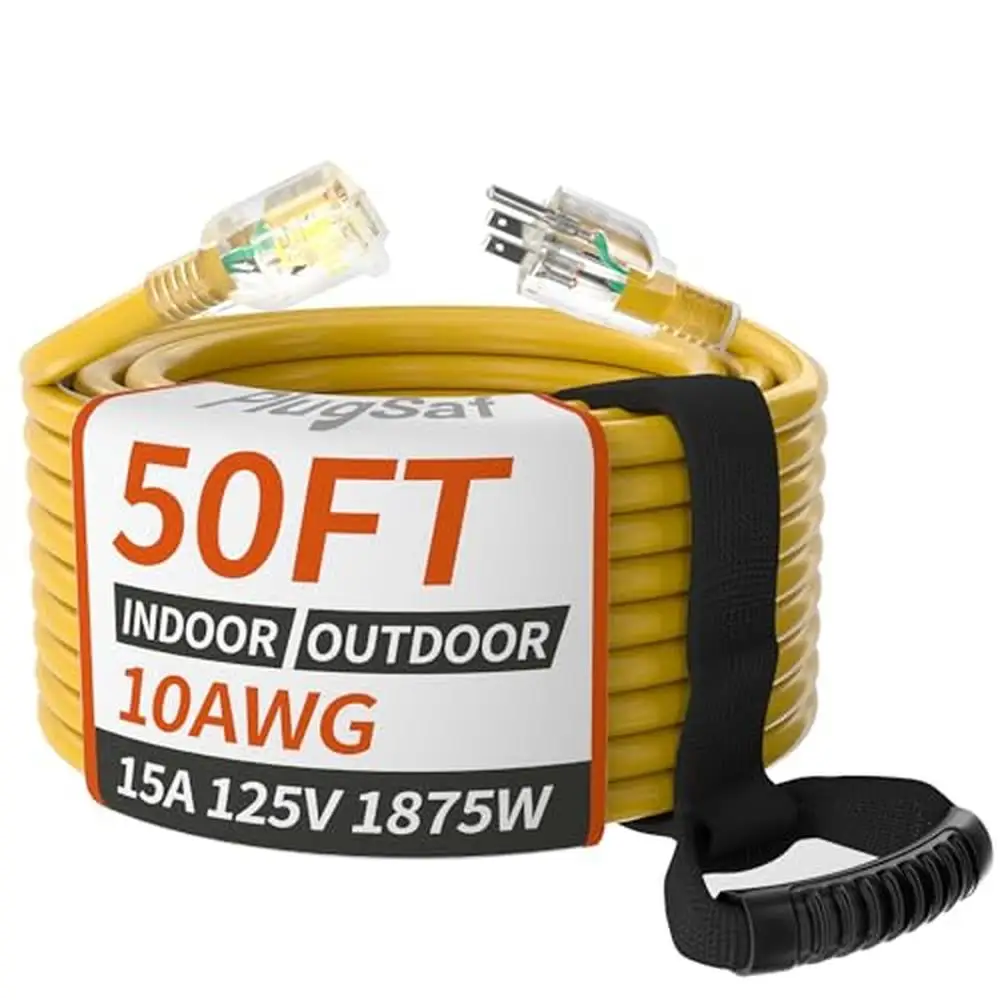 50ft Waterproof Outdoor Extension Cord with Lighted Indicator 10/3 Gauge Heavy Duty 15Amp 1875W Flexible and Weather-Proof Power