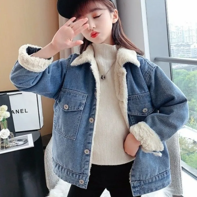 

Girl's Faux Lamb Fur Denim Jacket Winter 2025 Kids Autumn Winter Stylish Thickened Fleece Lined Toddler Big Kids Coat