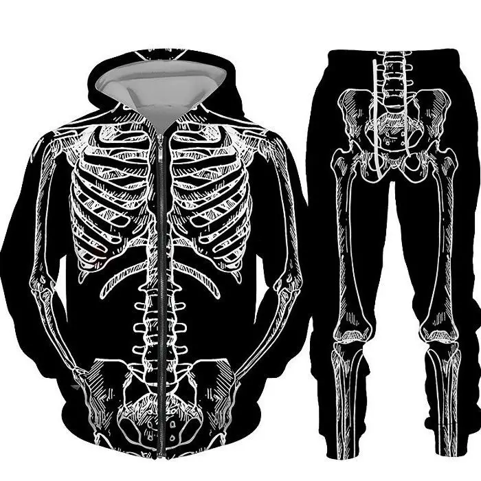 Men's Halloween 3D Skeleton Tracksuit Set - Functional Sportswear for Running & Gym Workouts