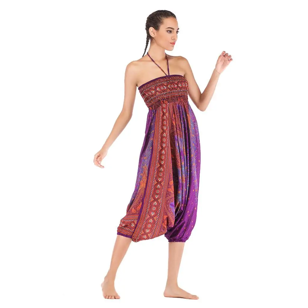 Floral Print Harem Pants for Women Yoga Baggy Trousers Smocked Waist Wide Leg Pants for Holiday Travel