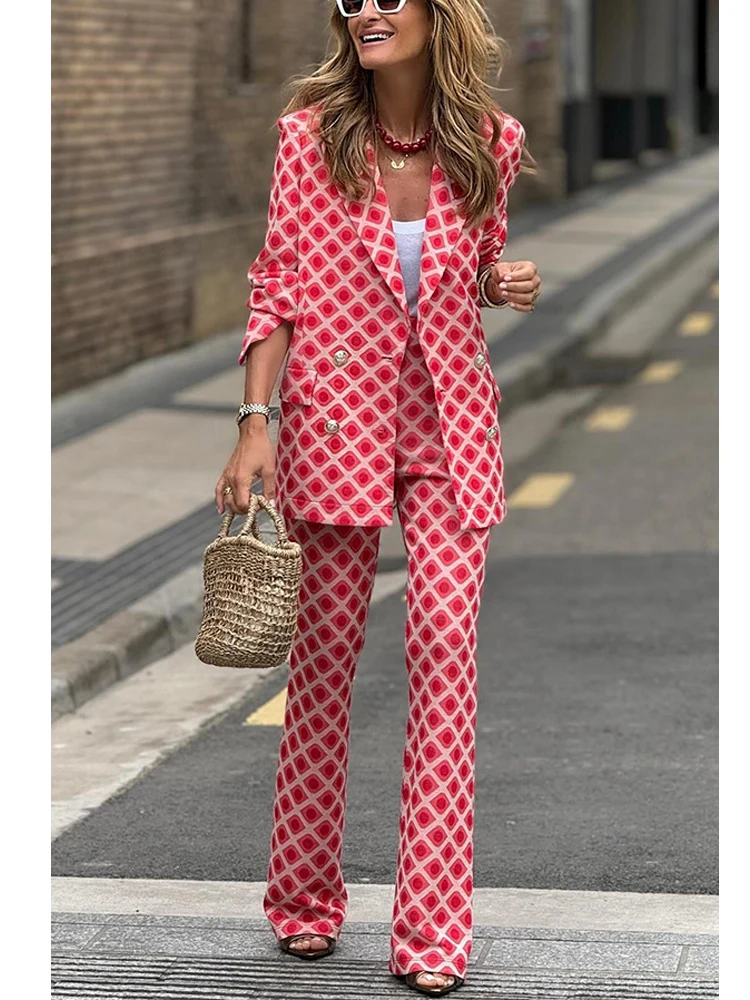 Womens Print 2 Piece Blazer Sets Casual Long Blazer Jackets And Slim Fit Pants Suits Y2K Street Work Office Two Piece Outfits