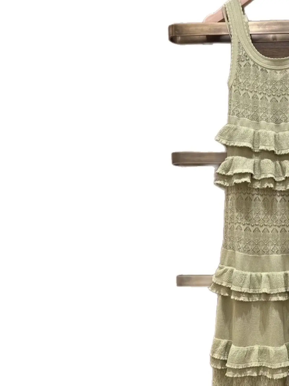 

Spring/Summer Women O-Neck Sleeveless Tiered Ruffle Solid Knit Dress Pleated High Waist A-line Elegant Camisole Maxi Skirt