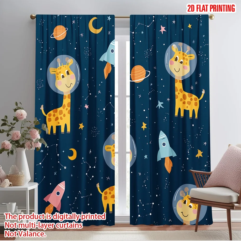 

2pcs 2D flat printing Curtain Astronaut Giraffe Space Cute Fabric Without Electricity All Season Party & Holiday Decor Perfect