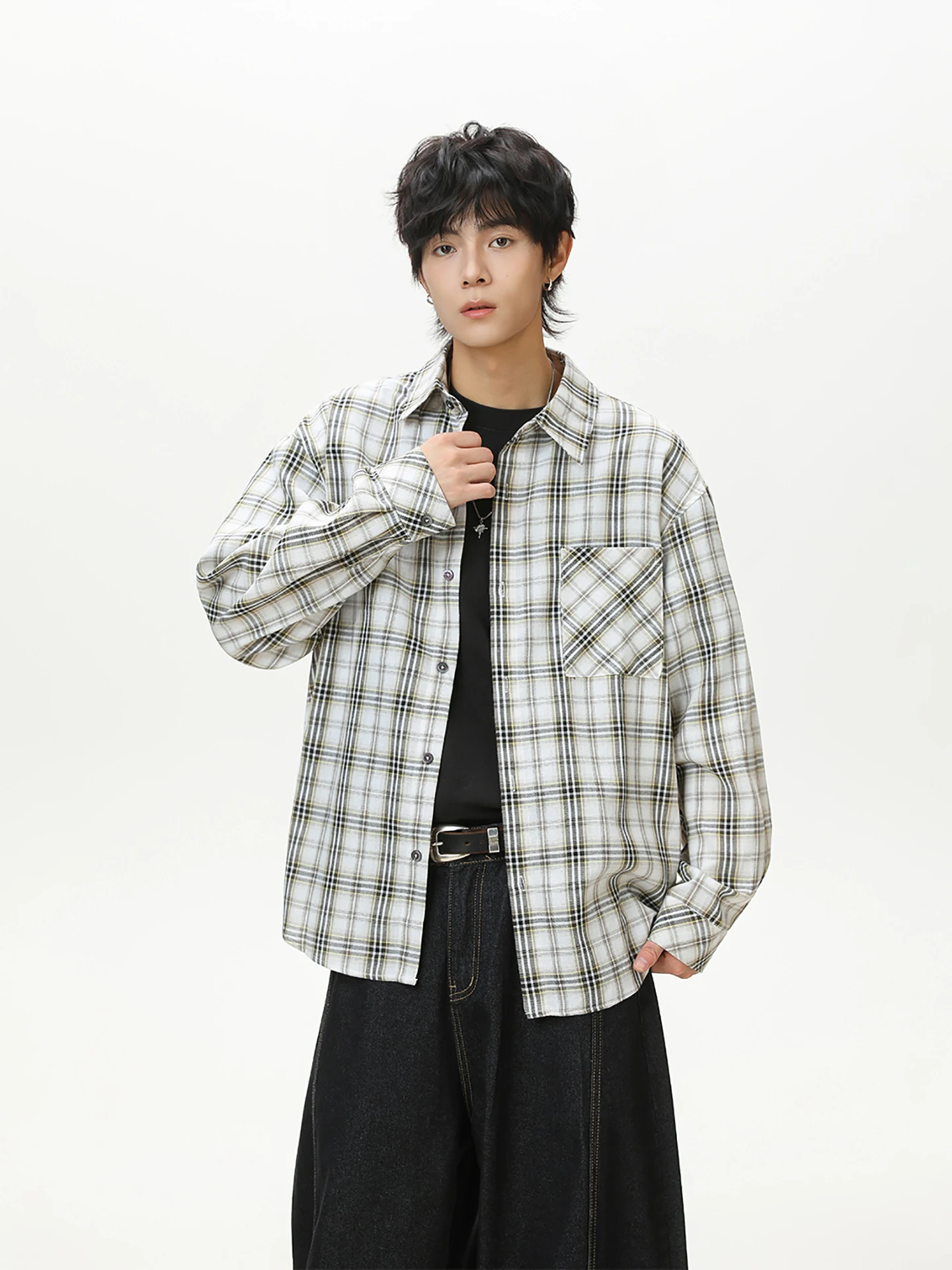 

Boyue College Sle Long Sve Plaid irt Thin Casual ex Outerwear with ket Spring Autumn Wear for Men And Women