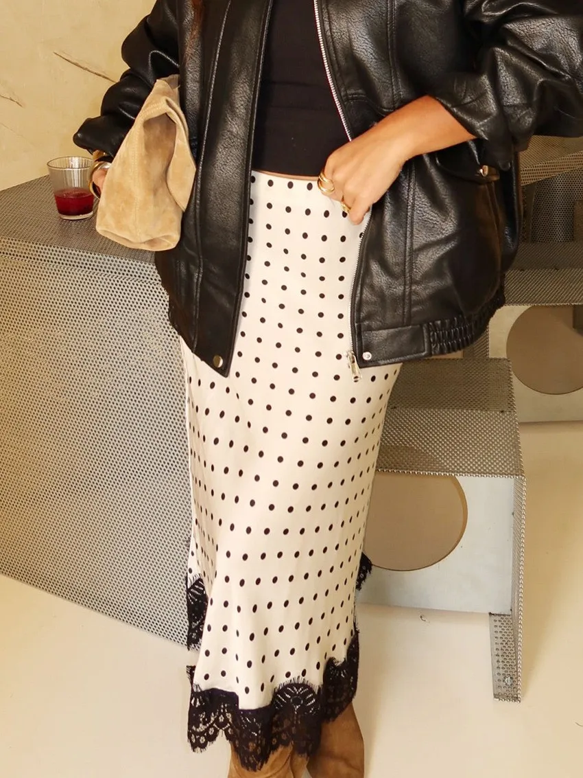 Autumn Winter Women's Clothing Polka Dot Lace Panel Midi Skirt Elegant Office Wear For Woman Straight Cut Polyester Fabric