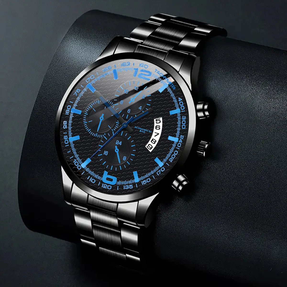 3PS Men\'s Simple Business Leisure Three Eyes Digital Calendar Luminous Hands Quartz Steel Band Watch Fashion Luxury Bracelet Set